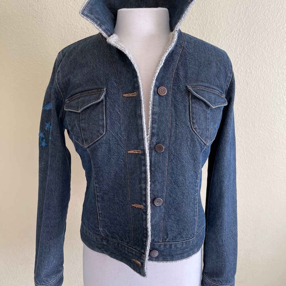 Ann Taylor Loft Denim Bomber Jacket Fleece Stars